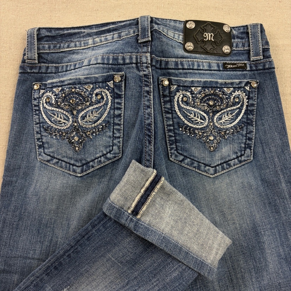 Miss Me Bootcut Jeans Womens 31 Blue Embroidered Rhinestone Paisley JP5301B